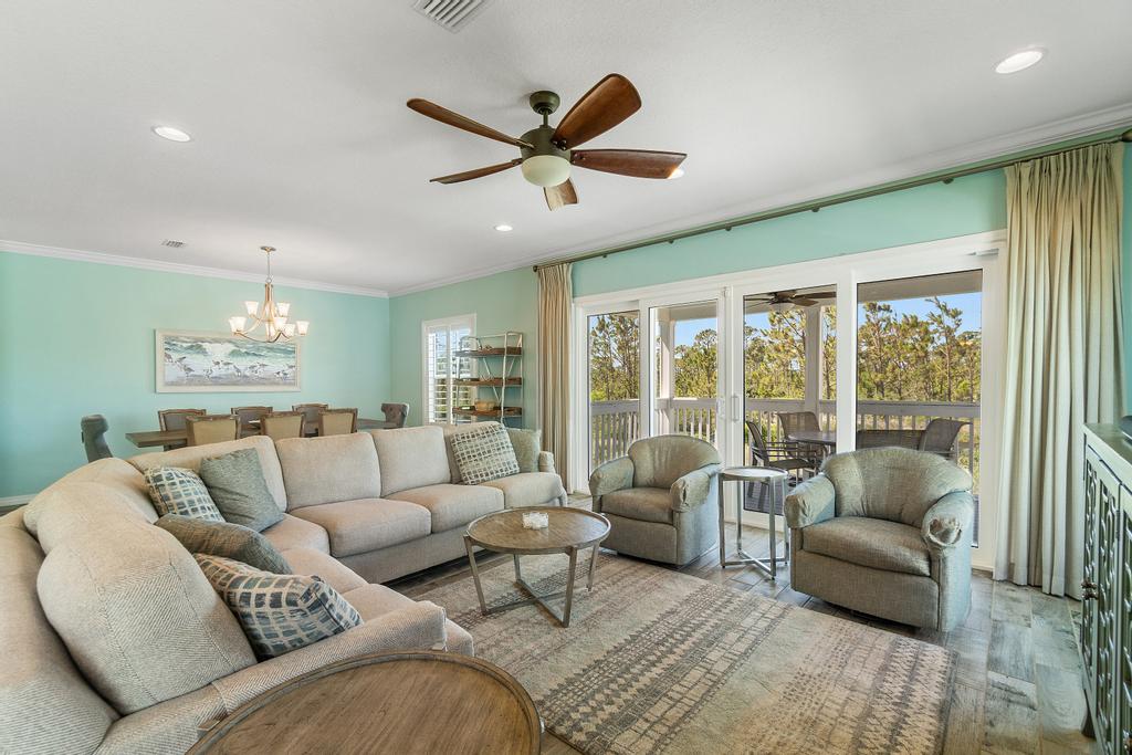 Comfy living room with sofas and ocean-inspired decor
